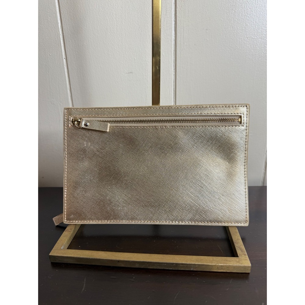 Ann Taylor Clutch‎ Women's Gold Metallic Zip Pouch Small Cosmetic Bag